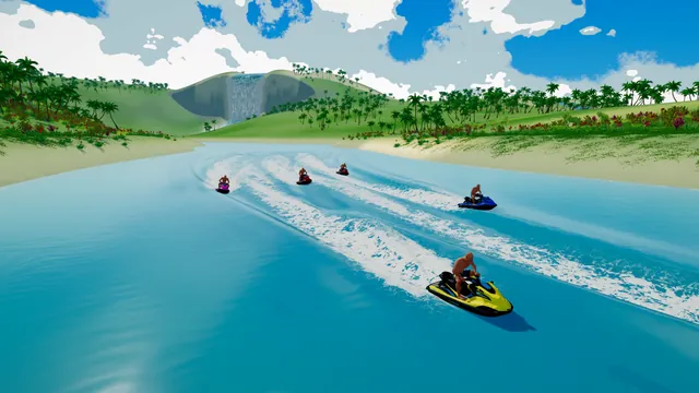 A pack of colorful watercraft racing along a tropical river