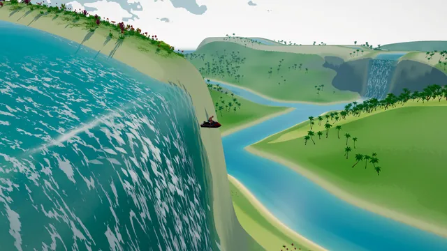 A dramatic waterfall above winding rivers and tropical islands